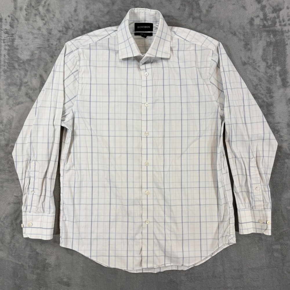 Bonobos Mens Standard Fit Check Dress Shirt White Blue Size 15.5 / 33 Stretch